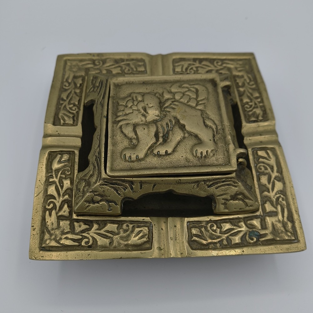 Rare 1940s Vintage Brass Foo Dog Incense Burner Ashtray Hinged Lid Chinese Art